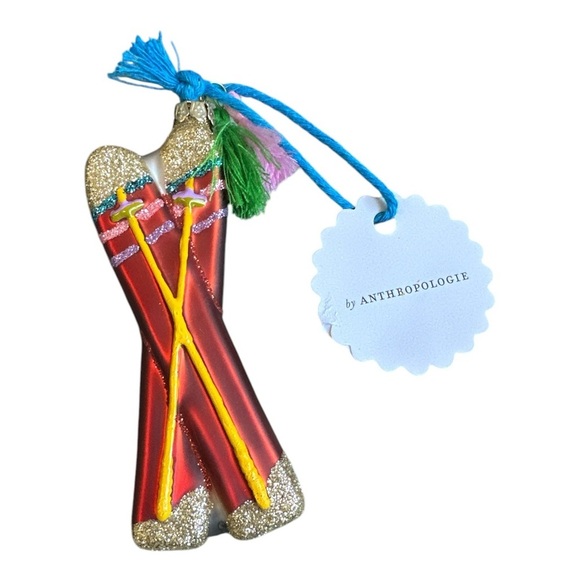 Anthropologie Skis Ornament Apres Ski Red Gold Hand Blown Glass Snow Winter NWT - Picture 2 of 3